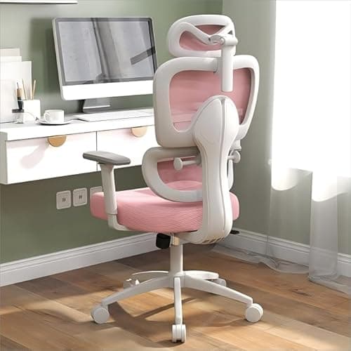 ZZH Ergonomic Office Chair with Adjustable Lumbar Support, 3D Arms and Headrest, High Back Wide Desk Computer Chair with Wheels, for Home & Office, Pink