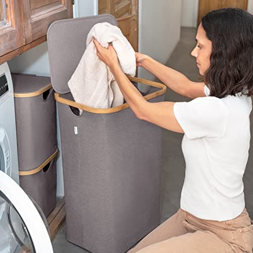 LONBET Laundry Basket with Lid, Made from Breathable Fabric | Aesthetic Clothes Hampers for Laundry with Side Handles & Sturdy Bamboo Frame (26 Gallons - Single, Gray) 6
