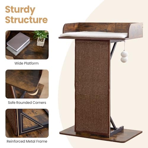 Modern Wood Cat Tree Tower for Indoor Large Cats, 33.8-Inch Tall Wooden Cat Trees with Big Perch Bed, Cat Scratching Pads, Washable Removable Cushions and Scratching Mat, Cat Furniture, Rustic Brown 6