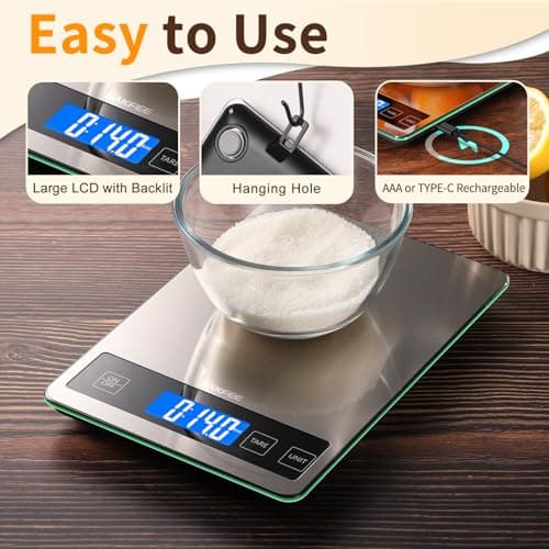 BakFee Food Scale, 33lb Digital Kitchen Scale with Stainless Steel & Tempered Glass, USB Rechargeable, 1g / 0.05oz Precise Graduation, Waterproof and Sturdy Surface, for Cooking, Baking, Weight Loss 6