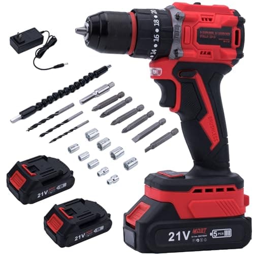 Brushless Drill Set, 21V Cordless with 2 Batteries and Charger, 3/8Inch Keyless All-Metal Chuck, 2 Variable Speeds, 20+3 Power Drill Kit for Screw Wood/Ceramic/Tile/Steel