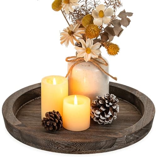 Hanobe Wooden Tray for Coffee Table: Candle Holder Plate Round Decorative Serving Tray - Vintage Table Centerpiece Rustic Farmhouse Home Decor
