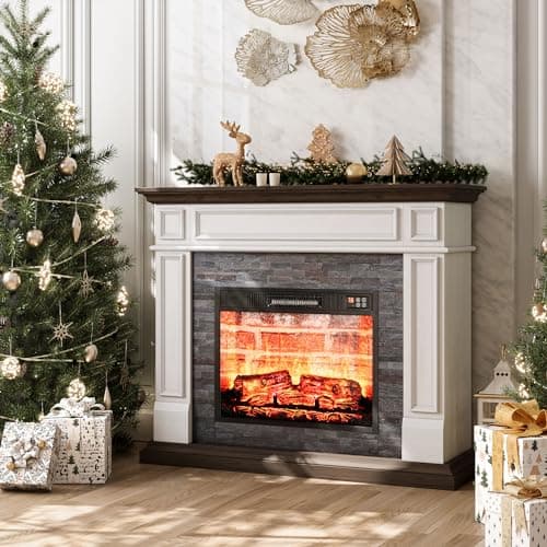 LGHM 44" Electric Fireplace with Mantel, Portable Freestanding Wood Stove Heater, Realistic 3D Dancing Flame Effect and Stacked Stone Surround, Remote Control Timer for Living Room, Bedroom