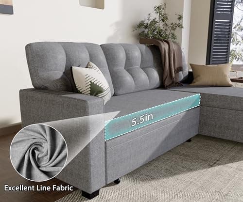 Wakefit Reversible Sectional Sofa Couch, Sleeper Sofa Bed with Storage Chaise Pull Out Couch for Living Room | Hidden Stroge | Pull Out Bed | Removable Backrest | Linen Fabric, Light Grey 5