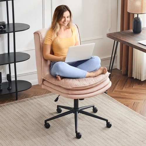 VINGLI Cloud Criss Cross Legged Chair,18" High Back Armless Home Office Desk Chair with Wheels,Wide Adjustable Comfy Padded Seat Task Computer Chair,Modern Swivel Makeup Vanity Chair,Microfiber,Pink