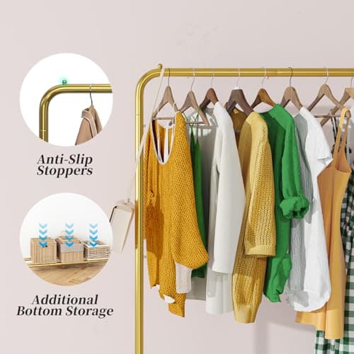 Simple Trending Standard Clothes Clothing Garment Rack with Storage Shelves, Rolling Clothes Organizer on Wheels for Hanging Clothes, Golden Yellow 5