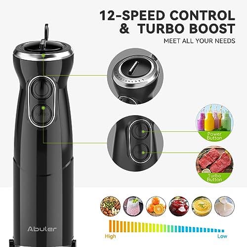 Immersion Blender Handheld, 1000W 5 in 1 Hand Blender, BPA-Free 12 Speed 304 Stainless, Mixing Beaker, Chopper, Whisk, Milk Frother, Soup, Baby Food, Sauce (Black-2) 5