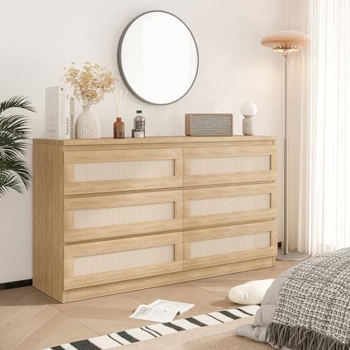 GarveeHome Rattan Dresser for Bedroom, 6 Drawer Dresser for Closet, Wide Wood Dressers & Chests of Drawers, Nightstands, TV Stands for Living Room, Entryway, Cloakroom, Hallway, Natural Oak
