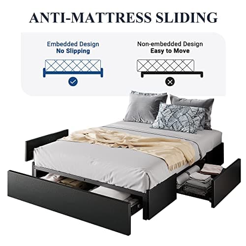 Allewie Queen Size Platform Bed Frame with 3 Storage Drawers, Faux Leather Upholstered, Wooden Slats Support, No Box Spring Needed, Easy Assembly, Black 8