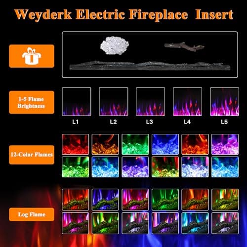 Weyderk 62" Freestanding Electric Fireplace Mantel - Replaceable 36" Heater Insert, 1500W Realistic 3D Flame Effect & 15 LED Colors, Remote Control & Timer, Gary Marble Finish (Living Room/Bedroom) 7