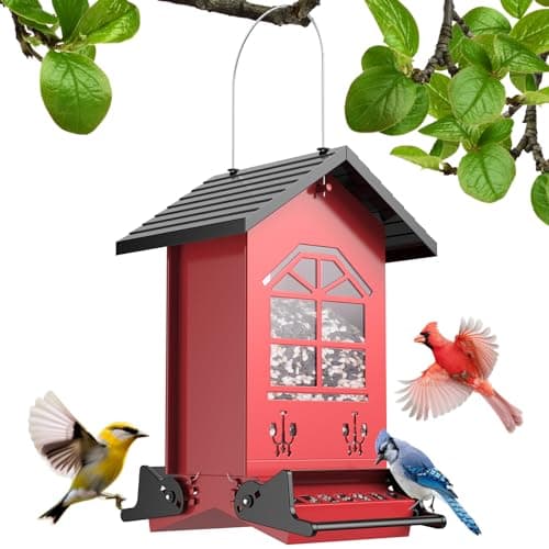 Squirrel Proof Bird Feeder for Outdside Hanging, Metal Wild Bird Seed Feeder with Bilateral Weight-Activated Perches, 5LB Large Capacity Wild Bird Feeders for Outdoor Finch, Cardinal, Blue Jay