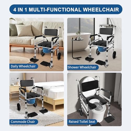 Rolling Shower Chair with Wheels for Elderly and Disabled, Foldable Wheelchair Lightweight Folding, Bedside Commode Chair with Arms for Toilet (Black) 8