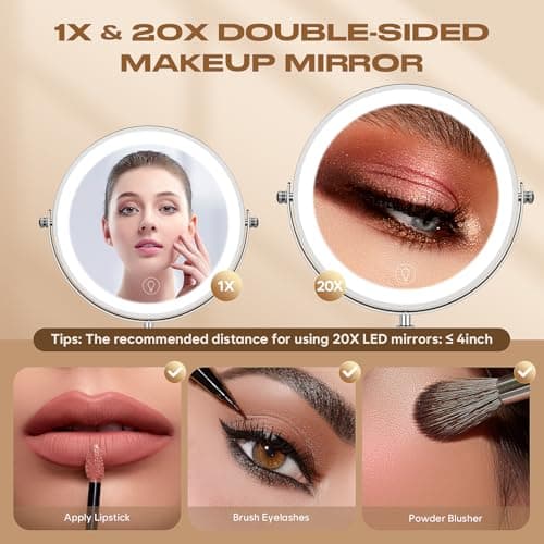Makeup Mirror with Lights, 1x/20x 360° Rotation Vanity Mirror, Brightness Adjustable Lighted Makeup Mirror with Magnification, 5000 mAh Rechargeable Double Sided Mirror with 3 Colors, Gift for Women 5