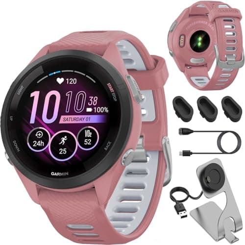 Garmin 010-02810-05 Forerunner 265S GPS Smartwatch Light Pink/Whitestone Bundle with Deco Essentials Charging Dock, Silicone Dust Cover 3 Pack and USB Type C Charging Cable