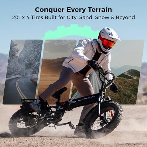 Jasion X-Hunter Foldable Electric Bike, 1400W Peak Motor, 30MPH 70+ Miles Ebike, 624WH Removable Battery, Full Suspension 20''*4 Fat Tire E-Bike for Commute,Snow, Mountain, 7-Speed Bicylce, Black+Grey 7