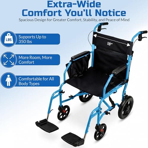 Platinum Health Hummingbird™ Ultra-Lightweight Foldable Transport Wheelchair, Handbrakes,12-Inch Rear Wheels, Extra-Wide Seat. Convenient Table-Length Padded Armrests. (Sky Blue) 9