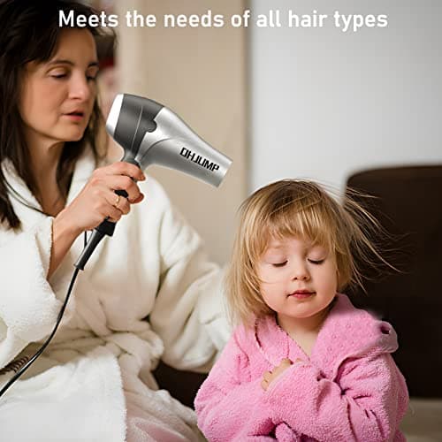 OHJUMP Travel Hair Dryer Blow Dryer with Diffuser, Portable Small Dual Voltage Compact Hairdryer, EU Plug, 1875W Powerful Fast Dry, Folding Handle, Diffuser Hair Dryer Silvery 7