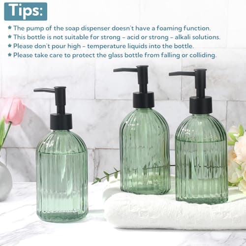 3 Pack Green Glass Soap Dispenser Set with Black Pump, 13.5oz Refillable Liquid Soap Dispenser, Premium Lotion & Dish Soap Bottle for Kitchen, Bathroom Vanity, Hotel Decor 6