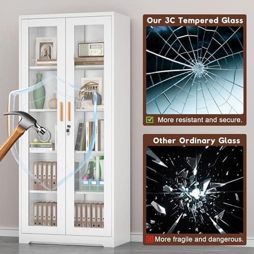 UNICOLY Lockable Display Cabinet with Glass Doors, Curio Cabinets with 4 Adjustable Shelves, Liquor Bookcase Bookshelf with Doors, Metal Storage Cabinet for Living Room Pantry, White 5