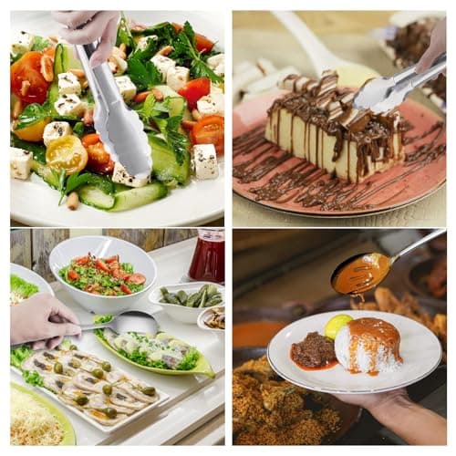 Serving Utensils, XEVOM 6-Piece Stainless Steel Serving Utensil Set Include Serving Spoon, Slotted Serving Spoon, Serving Fork,Serving Tong, Appetizers Tong,Pie Server (Silver), Regular 5