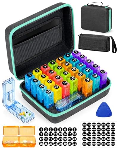 YONLOG Monthly Pill Organizer 2 Times a Day, with Portable Hard Shell, Pill Cutter, 31-Day Box, Plastic Opening Pick, Monthly & Weekly Stickers, Convenient Medication Management (2 Times a Day)