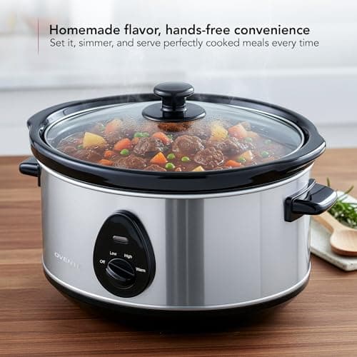 OVENTE Electric Slow Cooker with 3 Cooking Settings, Non-Stick and Dishwasher Safe Stoneware, Stainless Steel Body, Glass Lid, 3.7 Qt Oval Pot for Entrees, Soups, Sauces, Stews & Dips, Silver SLO35ABR 6
