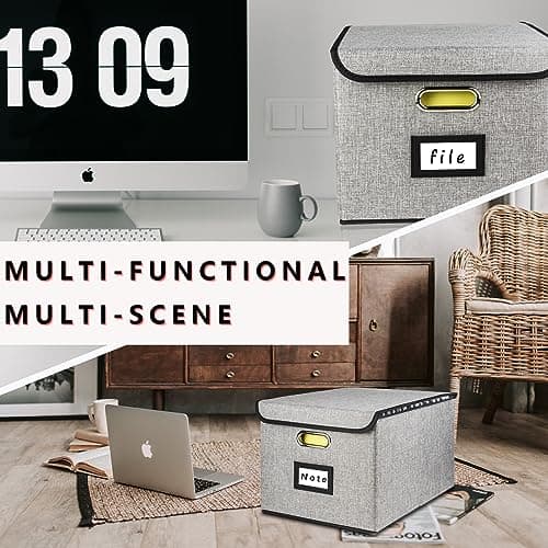 Desihum Collapsible File Organizer Box, filing Storage boxes for hanging files with lid, Linen Portable file folder box with handle, Decorative Document Storage Bins for Office/Home/School (Grey) 6