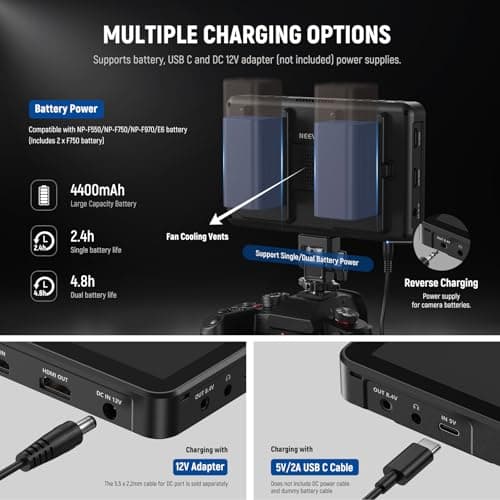 NEEWER F700 7" Camera Field Monitor, 2000nit HD 1920x1080 IPS Touch Screen with 3D LUT, 4K HDMI Loop in/Out with Peak Focus DSLR Video Assist HDR Waveform, Cold Shoe Mount, 2 NP-F750 Batteries & Cable 8
