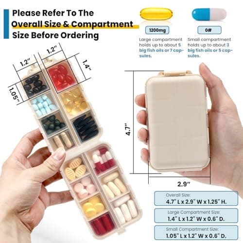 14 Grids Travel Pill Organizer Box with 415-Pcs Medicine Name Labels - Pocket Daily Pharmacy Case Container Kit - Travel Medication Holder Dispenser for Fish Oil Vitamin Supplement Storage - Khaki 5