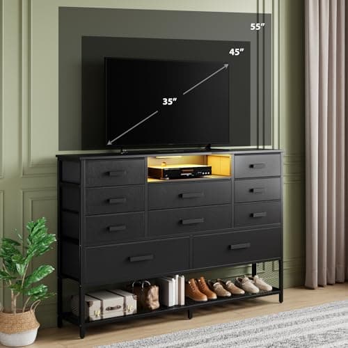 Harpaq Black Dresser for Bedroom with 10 Drawers, Chest of Drawers with Charging Station, TV Stand Storage with LED Light for 55" TV, Fabric Drawers with PU Finish, Dresser with Shelves for Closet 2