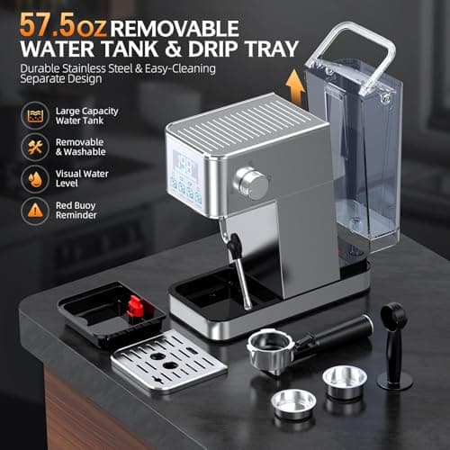 LERTIN Espresso Machine, 20Bar Compact Stainless Espresso Maker, With Milk Frother Steam Wand, 57.5OZ Removable Water Tank, Displays Making Time & Water Temperature, Cold Brew & Cappuccino, Silver 6