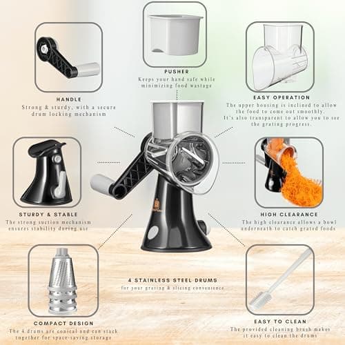 Brieftons 4-Blade Rotary Cheese Grater, Kitchen Food Cutter with Handle, Mandoline Vegetable Slicer, Nut Grinder, Hand Crank Shredder for Cheese, Vegetables, Fruits, Nuts, Easy to Use, Clean & Store 9