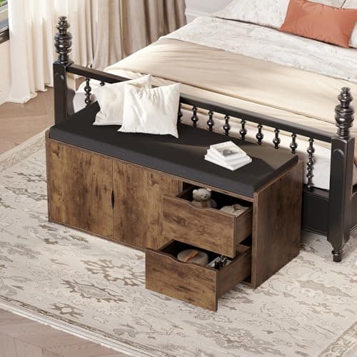 LVB Entryway Shoe Bench, Rustic Storage Bench with Cushioned Seating, Long Hidden Shoe Organizer Bench with 2 Drawers, Industrial Wooden Shoe Benchs in Hallway Living Room Bedroom, Rustic Brown, 40in 8