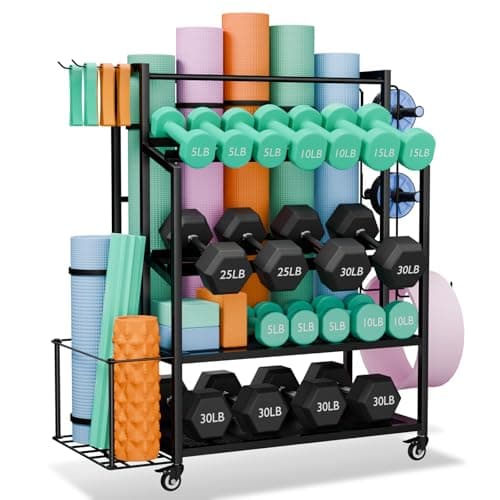 skypelia 4-Tier Dumbbell Rack Stand Only, 600LBS Adjustable Weight Rack for Dumbbells, Home Gym Storage Rack for Yoga Mat Kettlebells, Workout Equipment Storage Organizer with Wheels and Hooks