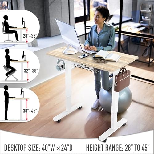 SHW 40-Inch Mobile Electric Height Adjustable Sit to Stand Desk with Drawer, Hanging Hooks and Cable Management, Maple 6