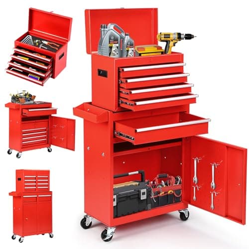 Dawmilon 5-Drawer Rolling Tool Chest with Wheels - High Capacity Tool Cabinet with Detachable Top Toolbox for Garage and Workshop Organization - Metal Tool Cart with Liner & 4 Hooks, Red 3