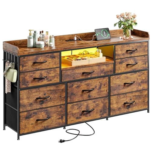Dresser for Bedroom with LED Lights & Charging Station & 4 Hooks 11 Drawer Dressers & Chests of Drawers Long Fabric Dresser TV Stand for 60 inch TV for Entryway 11.8"D x 47.2"W x 31.5"H Rustic Brown