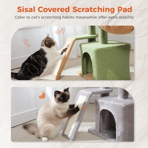 PETEPELA Cactus Cat Tree for Indoor Cats, 32'' Small Cat Tower Cat Condo with Sisal Scratching Ramp, Cozy Hammock and Removable Top Bed Perch for Kittens, Green 7