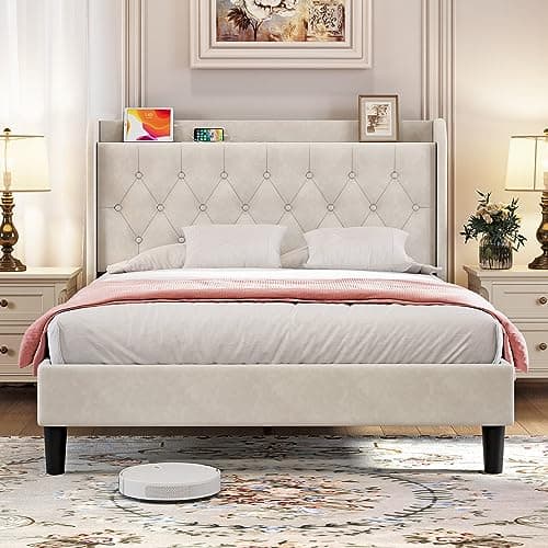 koorlian Queen Bed Frame with Headboard, Adjustable Velvet Upholstered Bed Frame with Type-C&USB Ports, Wingback Storage Headboard, Solid Wood Slats Support, No Box Spring Needed, Noiseless, Beige