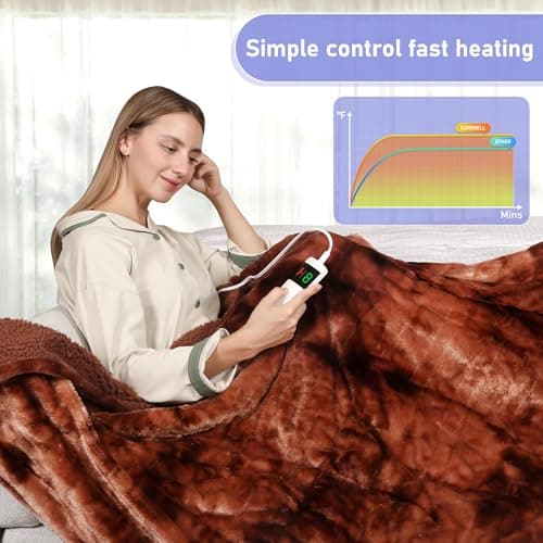 Cushious Electric Heated Blanket Throw 50''x60''Size Faux Fur Heating Blanket 10 Heating Settings, 1-8h Timer & Overheat Protection, Machine Washable, Soft Flannel and Sherpa Full Body Warmth 6