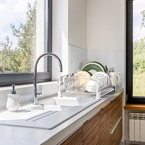 Simple Houseware White Dish Drying Rack with Drainboard, Utensil Holder & Mug Hooks – Metal Kitchen Counter Organizer 7