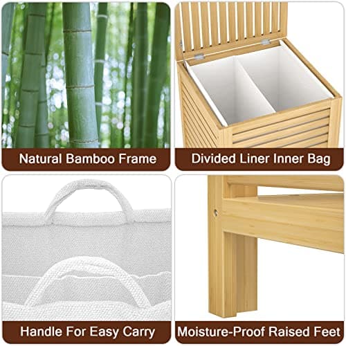 Homykic Bamboo Laundry Hamper with Lid, 120L Large Clothes Laundry Sorter with Removable 2-Section Liner Bag, Raised Laundry Basket Organizer for Clothing, Bathroom, Bedroom, Laundry Room, Natural 6