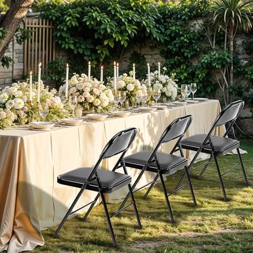 Simple Deluxe 4 Pack Folding Chairs with Leather Padded Cushion Seats & Durable Metal Frame, Comfortable, Foldable, Portable, Commercial Event Seat, Indoor Outdoor for Parties, Home, Office, Black 7