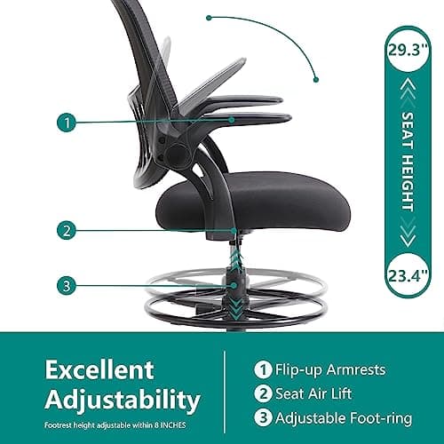 DUMOS Drafting Chair for Standing Desk, Counter Height Adjustable, Flip-up Arms, Ergonomic Mid Back Mesh Rolling Work Swivel Office Computer Chairs with Wheels, Black 5
