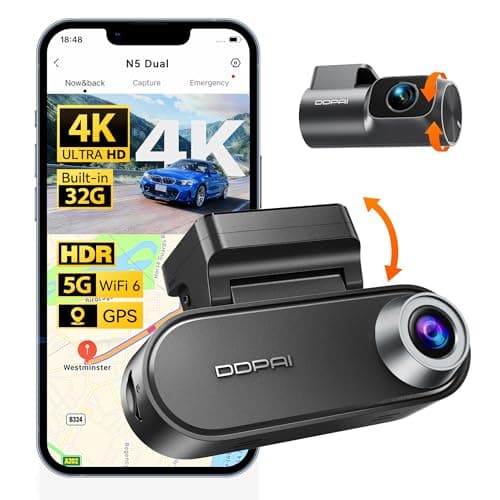 DDPAI 4K Dash Cam Front and Rear, 2160P+1080P Car Dash Camera, GPS 5G WiFi Dashcam for Cars, Free eMMC 32G Dual Storage Support 512G,Radar Motion Detection,Night Vision,72 Hour Parking Mode, N5 Dual