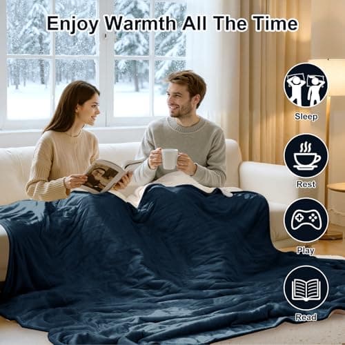 FVERWAG Queen Size Heated Blanket - Dual Control Electric Blanket Queen with 5 Heating Levels, 10 Hours Auto Off, Overheat Protection, Washable Flannel Sherpa Heating Blanket, 84 x 90 Inch, Navy 5