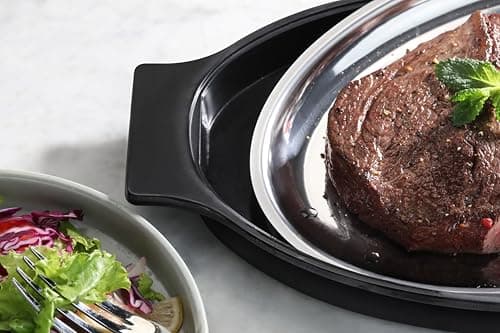 New Star Foodservice 26733 Oval Stainless Steel Sizzling Platter with Insulated Holder, 11.63" x 8", Black 7