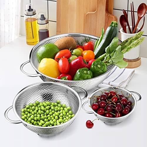 E-far Stainless Steel Colander Set of 3 (1-3-5Quart), Micro-Perforated Metal Colander Strainer with Handle for Kitchen/Draining Pasta/Rinsing Vegetables Fruits, Heavy Duty & Dishwasher Safe 6