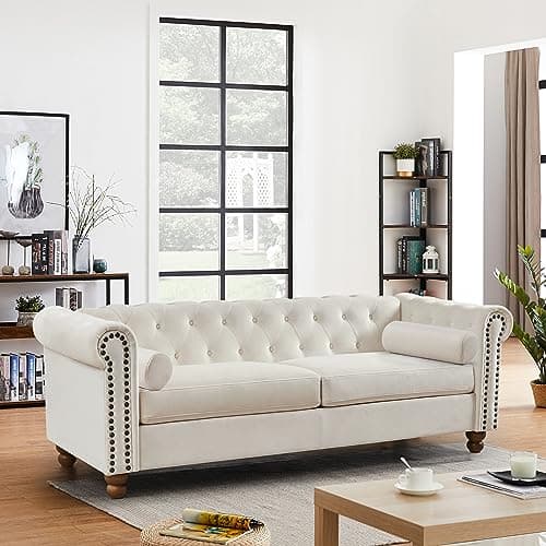 Lifeand Classic Traditional Living Room Upholstered High-Tech Surface/Chesterfield Tufted Fabric Sofa Couch Corner, White