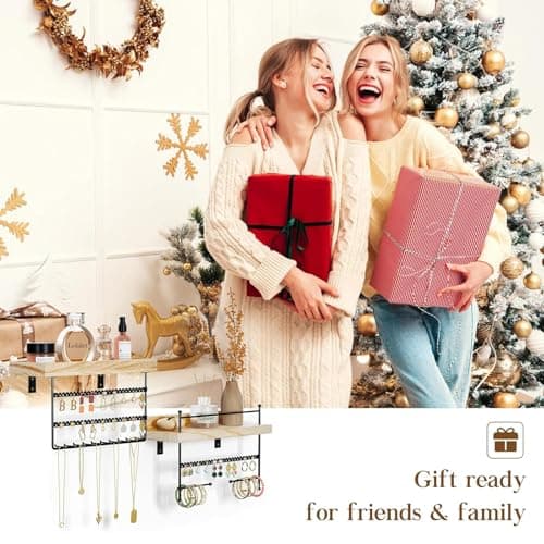 Lolalet Hanging Jewelry Organizer Wall Mount with Earrings, Bracelets, Necklaces Hooks - Easy Install Free Combination Jewelry Holder for Wall Bathroom - Set of 2, Black 7